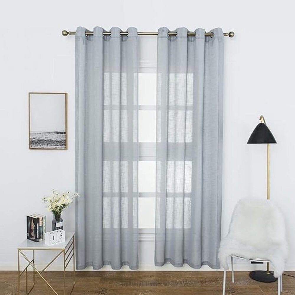Aquazolax Linen Semi Sheer Curtains, 63-inch Length, 2 Panels, Grey